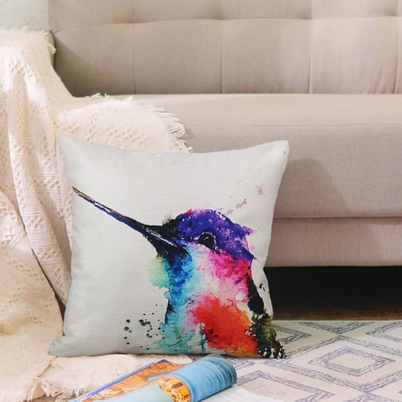 Set 4 Hummingbird Colorful Watercolor Bird Pillow Covers Throw Pillows Birds New - Picture 9 of 10
